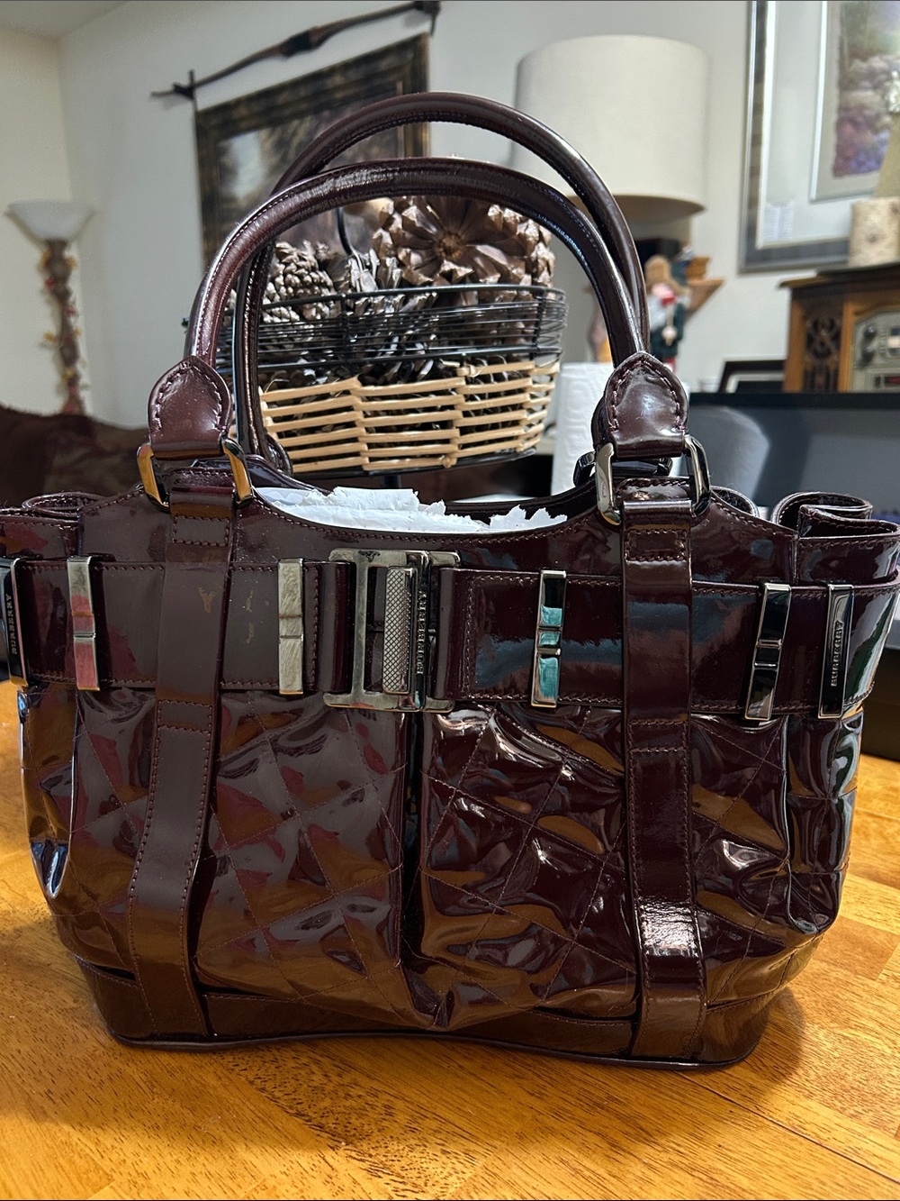 Burberry Patent Leather Tote Bag - Deep Burgundy